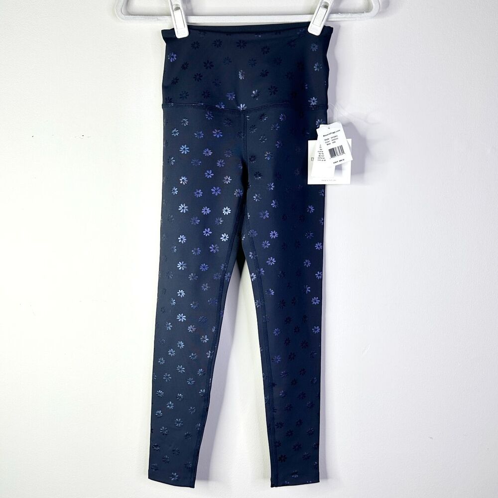 BEYOND YOGA Leggings Women XXS Blue Navy Daisy Shimmer Athleisure Stretch NWT - Picture 3 of 13